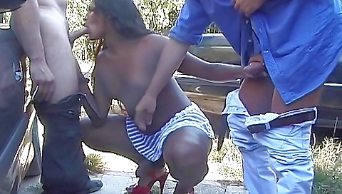 Black chick enjoys anal sex with a trans chick and another girl