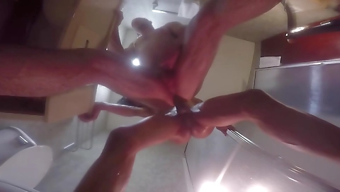 Ebony shemale has a dildo and fucks a man in the shower