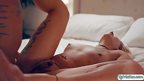 This blonde with big tits and a tattoo is getting fucked