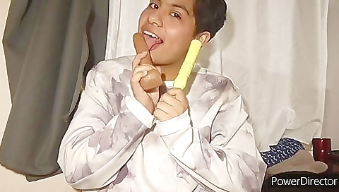 Amateur brunette 18+ with small tits plays with toys