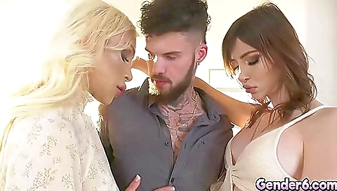 Anal threesome with a tattooed blonde girl and a tranny