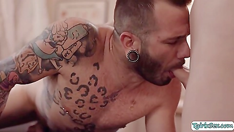 Sexy blonde in a tight white top and black stockings fucks